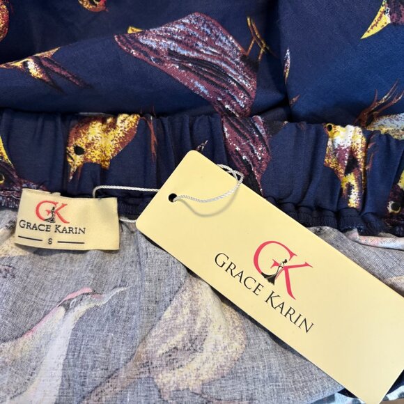 NWT Grace Karin Pleated Retro Bird Print Skirt Navy Blue Pinup 50's Look S - Picture 10 of 11